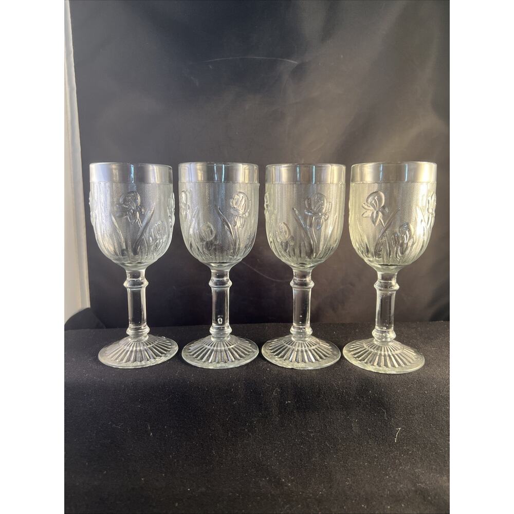Set of 4 Depression Jeannette Iris & Herringbone Clear 4 1/4" Wine Goblet 4oz